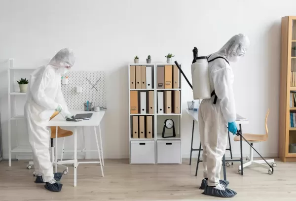 Worker using disinfectant sprayer for deep cleaning and virus elimination