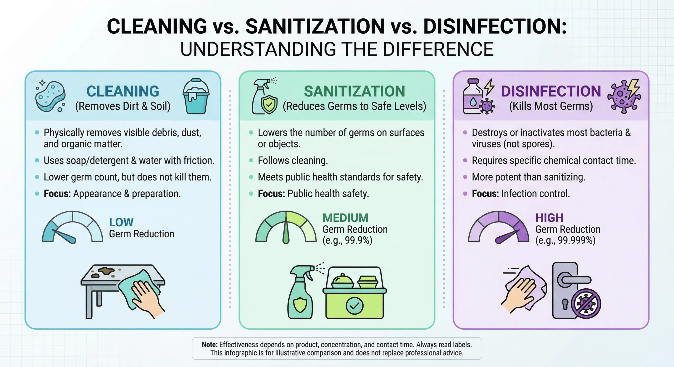 Comparison of cleaning, sanitizing, and disinfecting: cleaning removes dirt, sanitizing reduces germs to safe levels, disinfecting kills 99.9% of pathogens.