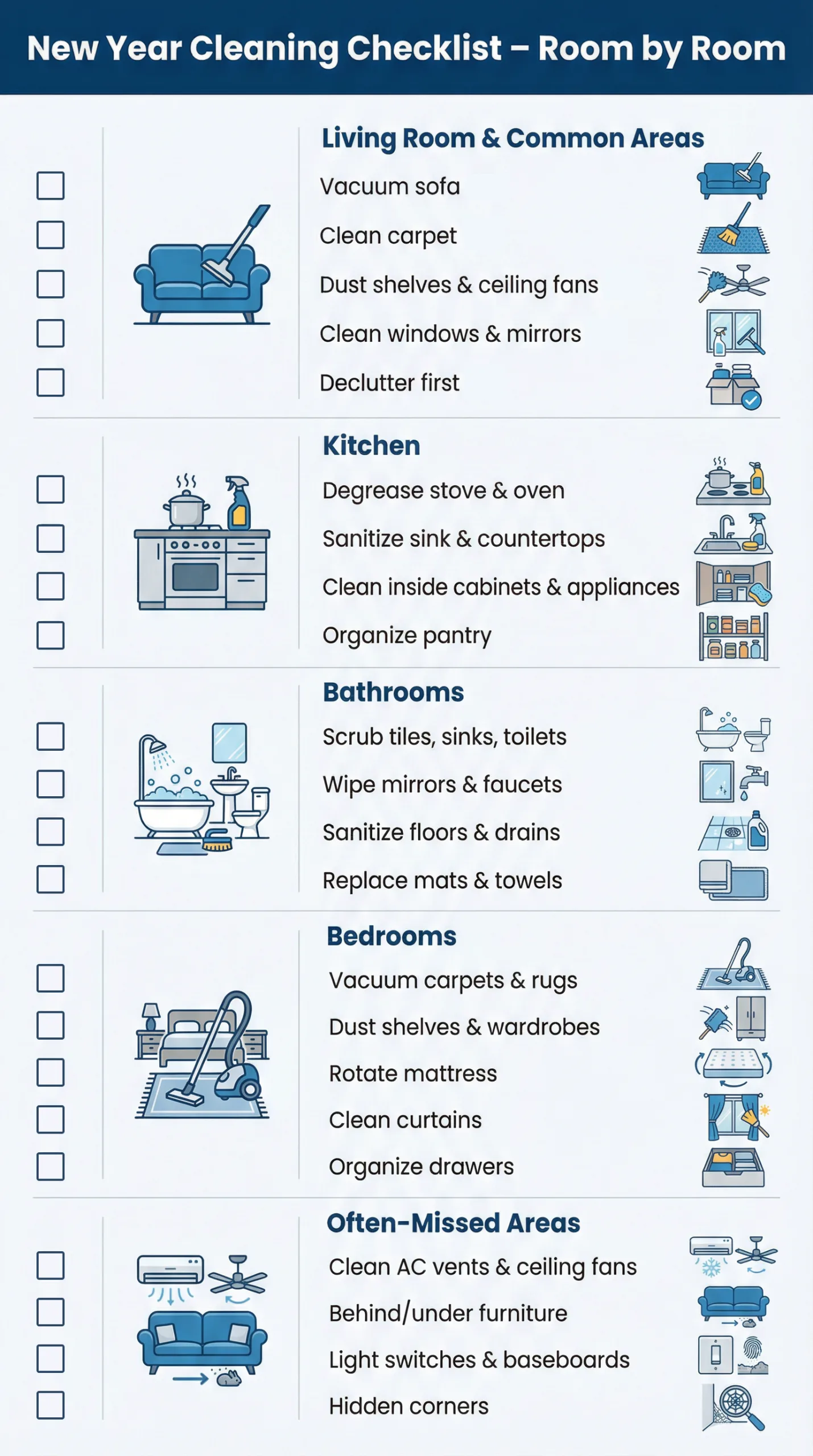 room-by-room checklist for New Year cleaning